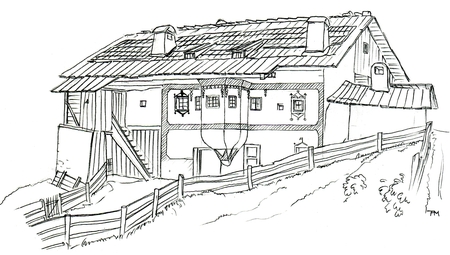 Donnei Bauernhaus Ansichtszeichnung
